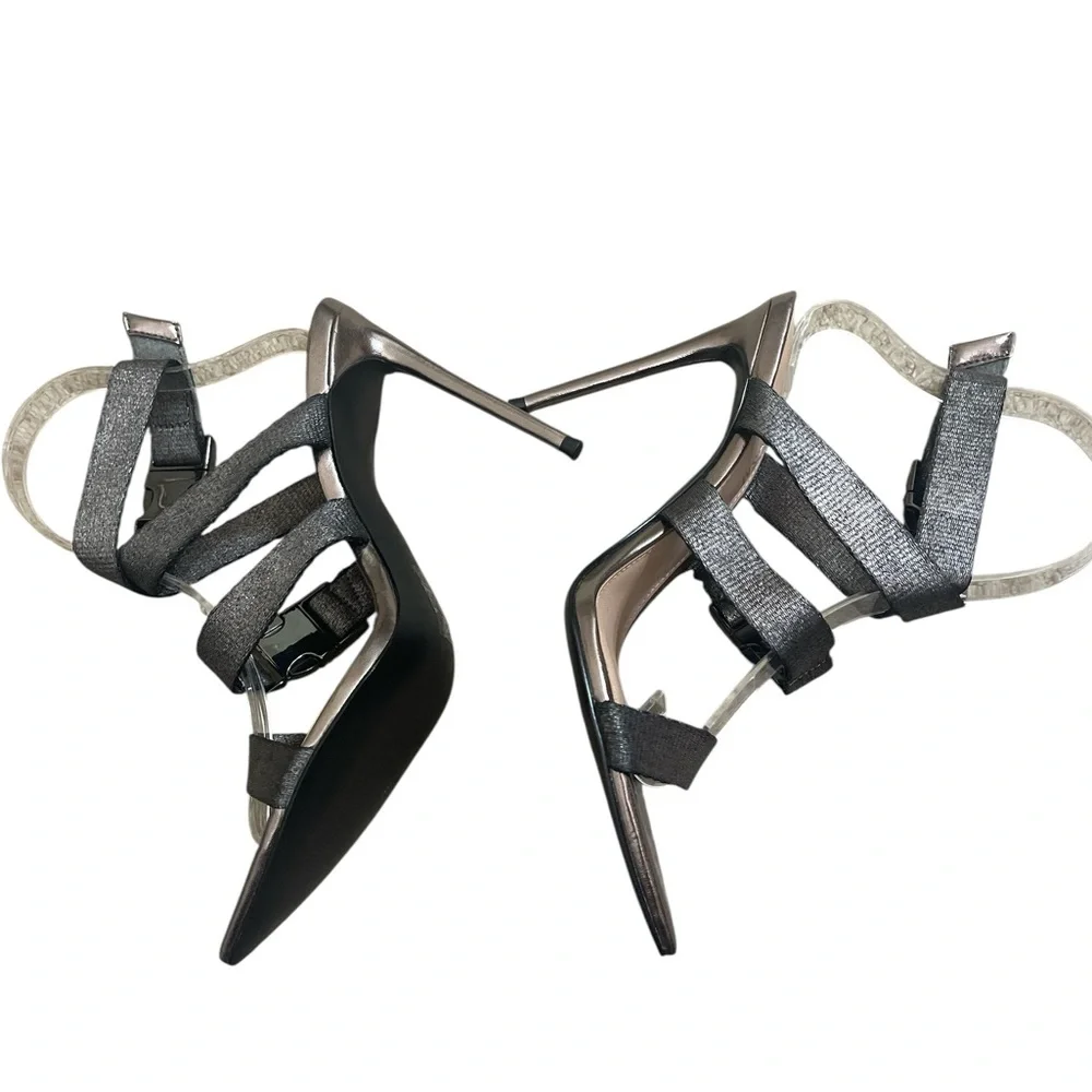Street Style Chic Winnie Harlow x Steve Madden Edgy Gun Metal Strappy Heels
